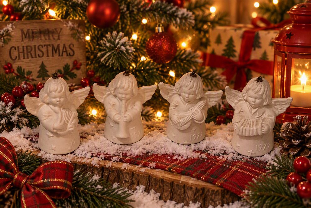 Lot of 4 Goebel Angel Bell Annual Christmas Tree Ornament 1976-1979 White Read!!